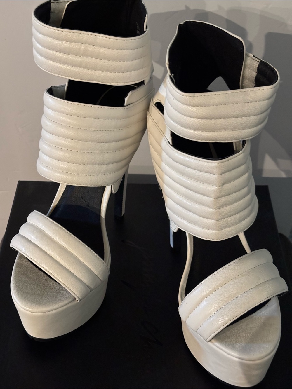 Quilted White Platform Ankle-Strap Heels
